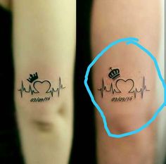 two tattoos that have hearts and crowns on their arms, one with the word love