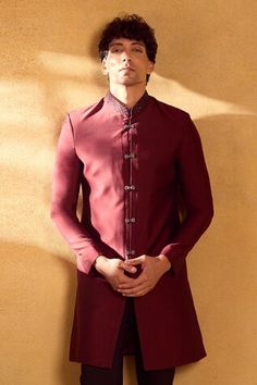 Maroon jacket with sequin embellished geometric patterns. Comes with embellished button sherwani and pant. - Aza Fashions Long Sleeve Bandhgala With Mirror Work For Diwali, Designer Nehru Jacket With Mirror Work For Festive Season, Festive Long Sleeve Sherwani With Mirror Work, Designer Nehru Jacket With Mirror Work For Eid, Designer Long Sleeve Sets With Mirror Work, Designer Nehru Jacket With Mirror Work For Diwali, Designer Long Sleeve Bandhgala With Mirror Work, Designer Bandhgala With Mirror Work And Long Sleeves, Semi-stitched Long Sleeve Bandhgala With Mirror Work