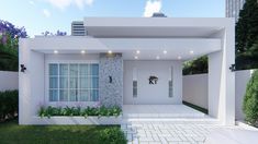 this is a 3d rendering of a modern style house with white walls and trimmings