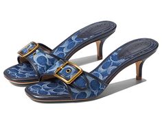 COACH Margot Denim Sandal - Women's Shoes : Denim : Please Note: COACH items cannot be shipped to military addresses (APO or FPO) and addresses in Hawaii, the Virgin Islands, Guam or any other locations outside of the continental US. Stay on track with your fashion-forward style in the COACH Margot Denim Sandal. Slip on style. Round, open toe silhouette. Decorative buckle on vamp. Sculpted kitten heel. Leather and textile upper, lining and insole. Leather outsole. Made in Brazil. Measurements: H The Virgin Islands, Denim Sandals, Denim On Denim, Funky Shoes, Fancy Shoes, Shoe Inspo, Girly Shoes, Aesthetic Shoes, Swag Shoes