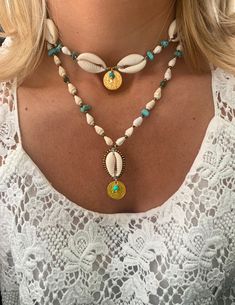 These stunning shell neckleces are meticulously crafted from shells & sea life findings collected along the sun-kissed beaches of the Cycladisc Islands of Greece.   ▽▲Details▽▲ ⭐Natural Cowrie & cone snail shells collected from Greek sea ⭐Turquoise round beads & chips  ⭐inoxidable brass elements ⭐mineral graphite beads (tarnish free) ⭐Clever fastening to secure perfect fit ⭐Adjustable length ⭐Allergy free/Nickel free ⭐Waterproof use ⭐Handmade excellency In 2 styles: a. Choker necklace made from Cheap Handmade Shell Beaded Necklaces, Bohemian Adjustable Jewelry For Vacation, Adjustable Shell Jewelry For Festivals, Turquoise Shell Necklace For Summer, Bohemian Jewelry For Beach Vacation, Bohemian Beach Jewelry For Vacation, Shell Beaded Necklaces For Beach Season Vacation, Shell Shaped Beaded Necklaces For Beach Season Vacation, Handmade Summer Jewelry For Beach Wedding