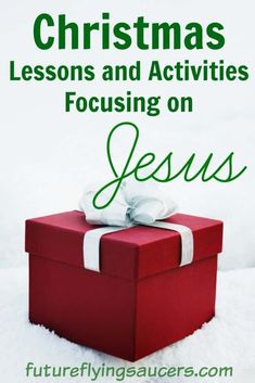 a red box with a white bow on it and the words christmas lessons and activities focusing on jesus