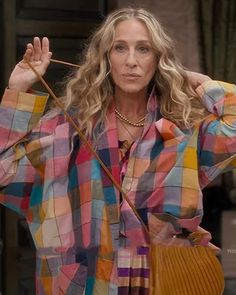 And Just Like That Outfits, Check Shirt Outfit Women, Sjp Style, Rainbow Jacket, Japanese Winter, Ashley Park