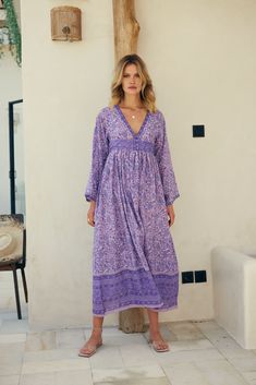 Jade Printed Maxi dress is perfect for beach-to-bar occasions. Some of our favorite touches, sophisticated and graceful design, make this dress an instant Blue Boheme classic.Color: Lavender Sizes: Small/Medium, Fits Size 2 to 6 and Medium/Large, Fits Size 6 to 10 100% Indian Cotton With a Lining Made in India Model Height: 5'7Bust: 32BWaist: 24Hips: 32 Feminine Floor-length Beach Maxi Dress, Purple V-neck Sundress Midi Dress, Bohemian Lavender V-neck Maxi Dress, Feminine Floor-length Beach Midi Dress, Lavender Spring Vacation Dresses, Spring Lavender Maxi Dress, Chic Lavender Beach Dress, Purple Midi Dress For Summer Daywear, Lavender V-neck Maxi Dress For Spring