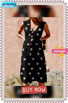 Fashion Women Sleeveless Summer Polka Dot Dress Beach Ladies V Neck Casual Midi Shirt Beach Sundress Sleeveless Midi Dress With Buttons For Vacation, Summer Beach Midi Dress With Pockets, Polka Dot Midi Dress For Summer Vacation, Summer Vacation Midi Dress With Pockets, Polka Dot Sleeveless Sundress For Spring, Casual Polka Dot Sundress For Summer, Casual Polka Dot Midi Dress For Summer, Sleeveless Midi Length Beach Dress With Buttons, Sleeveless Midi Length Dress With Buttons For Beach