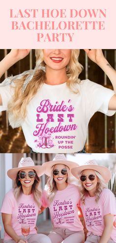 two women wearing pink shirts and hats with the words bachelor bachelor party on their chest