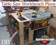 a table saw workbench with tools on it and the words diy written below