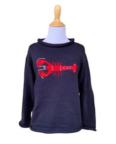 long sleeve navy sweater with horizontal red lobster on front Lobster Sweater, Famous Babies, Cotton Sweaters, Red Wagon, Roll Neck Sweater, Sweater Collection, Long Torso, Beautiful Sweater, Chunky Knits Sweater