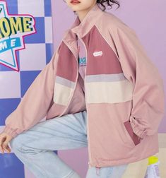 Oversized Jacket Outfit, Softboy Aesthetic, Pastel Jacket, Kawaii Outfits, Outfit References, Pink Streetwear, College Jackets, Clueless Outfits, Brooms