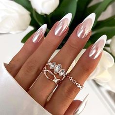 YOSOMK French Tip Press on Nails Almond Medium Fake Nails with Chrome Designs Glossy Nude False Nails Mirror Glue on Acrylic Nails for Women White Cat Eye Nails, Chrome Nails Designs, Eye Nails, Colorful Nails, French Acrylic Nails, Metallic Nails, Neutral Nails, Hot Nails