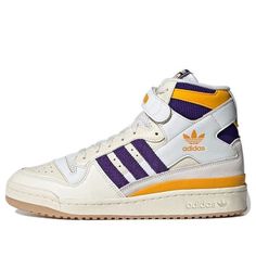 Adidas Originals Forum 84 High Shoes 'Cream White Collegiate Purple Collegiate Gold' GX9054 (SNKR/Lakers) Cream Basketball Shoes With Boost Midsole For Streetwear, Cream Sporty Basketball Shoes For Streetwear, Cream Basketball Shoes With Cushioned Footbed For Streetwear, Cream Basketball Shoes For Streetwear With Round Toe, Cream Basketball Shoes For Streetwear, Cream Low-top Basketball Shoes For Sports, Cream High-top Basketball Shoes For Streetwear, Cream Lace-up Basketball Shoes With Boost Midsole, Cream High-top Sporty Basketball Shoes