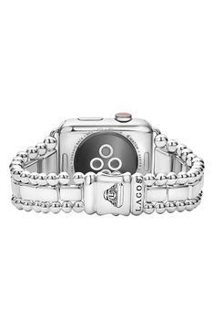 Turn your Apple Watch into a piece of fine jewelry with this band featuring sterling silver and signature Caviar beading. Compatible with 42mm Apple Watch (not included) Sterling silver Imported Classic Adjustable Silver Watch Band, Adjustable Silver Watch Bands With Palladium Hardware, Silver Timeless Bracelet Strap Watch Bands, Timeless Silver Watch Band With Bracelet Strap, Timeless Silver Bracelet Strap Watch Band, Modern Adjustable White Gold Apple Watch Band, Luxury Silver Apple Watch Band, Modern White Gold Apple Watch Band With Bracelet Strap, Luxury Polished Finish Watch Band Gift