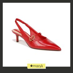 in stock Elegant Red Slingback Pumps With Buckle, Elegant Red Slingback Pumps With Buckle Closure, Chic Red Slingback Pumps For Spring, Chic Red Slingback Sandals With Ankle Strap, Chic Red Low Heel Slingback Sandals, Red Pointed Toe Slingback Pumps For Work, Red Slingback Sandals For Spring Formal, Red Slingback Pumps With Pointed Toe For Work, Red Slingback Pumps For Office