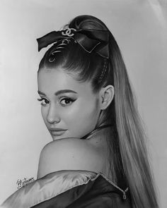 a pencil drawing of a girl with long hair wearing a ponytail and a bow in her hair