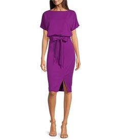 Kensie Textured Knit Boat Neck Self-Tie Waist Faux Wrap Blouson Dress | Dillard's Chic Tie Waist Dress For Party, Chic Belted Dress With Tie Waist For Party, Chic Belted Dress For Party, Chic Party Dress With Belted Tie Waist, Chic Fitted Belted Dress With Tie Waist, Fitted Midi Dress With Tie Waist For Date Night, Casual Party Dress With Tie Fastening, Knee-length Fitted Belted Dress With Tie Waist, Fitted Knee-length Belted Dress With Tie Waist