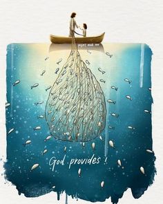 two people in a boat on top of the ocean with fish floating around them and words god provides