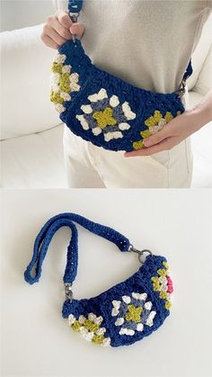 a woman is holding a crocheted purse with flowers on the front and side