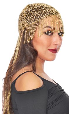 Cleopatra Beaded Belly Dancer Headpiece with Long Fringe - GOLD Egyptian Belly Dance, Street Styl, Beaded Headpiece, Halloween Idea, Short Bangs, Hammered Hoop Earrings, Belly Dancer, Belly Dance Costume, Egyptian Jewelry