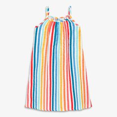 From backyard BBQs to poolside picnics, there’s a bright rainbow stripe on this dress for all the places kids will wear it this season. Breezy, breathable, lightweight, and the easiest one-and-done outfit to keep them cool on sweltering days. Fabric: 100% cotton gauze; made with 3 layers of gauze for extra softness and durability. Pre-washed to minimize shrinkage. Feel: Soft and breezy. Learn more. Fit: Loose and flowy; knee length; side pockets for ice cream money and shells. Multicolor Sleeveless Sundress For Picnic, Summer White Dress With Vertical Stripes, Playful Striped Dress For Playdate, Playful Striped Dresses For Playdate, Playful Sundress For Summer Playdate, Casual Multicolor Sundress For Playdate, Fun White Beach Dress, White Summer Dress With Vertical Stripes, Summer White Dresses With Vertical Stripes