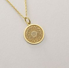 14K Real Solid Gold Sunflower  necklace ● Material of pendant: Solid Gold 14k ( REAL GOLD ) ● Metal Stamp: 14L ( REAL GOLD ) ● The pendant is available in 6 sizes: - 14,0 mm / 0,55 inches ( Diameter ) In the photos - 15,3 mm / 0.60 inches ( Diameter ) - 16,5 mm / 0,65 inches ( Diameter ) - 19,1 mm / 0,75 inches ( Diameter ) - 21 mm / 0,82 inches ( Diameter ) - 23 mm / 0.90 inches ( Diameter ) ( In the photos the size is 14mm / 0.55 inches Diameter ) ( Jump Ring inner diameter: 4 mm ) ● Material Yellow Gold Charm Necklace With Flower For Wedding, Yellow Gold Flower Pendant Charm Necklace For Mother's Day, Medallion Necklace With Flower Charm For Anniversary, Yellow Gold Birth Flower Charm Necklace, Anniversary Medallion Necklace With Flower Charm, Yellow Gold Flower Pendant Necklace For Mother's Day, Yellow Gold Round Charm Necklace With Birth Flower, Yellow Gold Flower Charm Pendant Necklace, Yellow Gold Pendant Charm Necklace With Flower