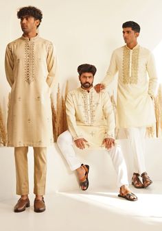 Ivory And Gold Silk Kurta Set Shreyansh - Fabilicious Fashion Luxury Beige Bandhgala For Reception, Minimal Wedding Guest Outfit Indian, Eid Fitted Kurta With Embroidered Cuffs, Designer Embroidered Cuff Kurta For Eid, Designer Fitted Kurta With Embroidered Cuffs, Festive Stand Collar Kurta With Intricate Embroidery, Traditional Set With Straight Kurta And Embroidered Cuffs, Ivory Kurta For Men, Traditional Straight Kurta Set With Embroidered Cuffs