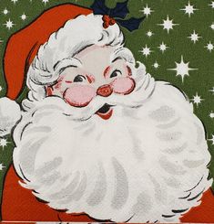 a close up of a santa clause on a green background with stars and snowflakes