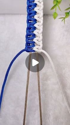 a video demonstrating how to make a macrame bird feeder with blue and white yarn