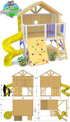 the plans for a children's wooden play house with slides and climbing wall are shown