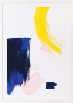 an abstract painting with blue, yellow and pink paint strokes on white paper in a frame