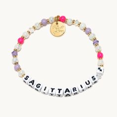 A beaded bracelet with the word Sagittarius, from Little Words Project®. Unique Beaded Bracelet, Stay True To Yourself, Mama Bracelet, Acrylic Bracelet, Trending Bracelets, Sagittarius Zodiac, True To Yourself, Acrylic Letters, Sagittarius And Capricorn