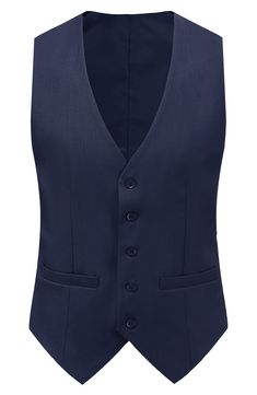 Bring understated elegance to the table in this three-piece suit crafted from rich fabric in a classic single-breasted silhouette. Jacket has notched lapels; chest welt pocket; front flap pockets Vest has front button closure; V-neck Pants have zip fly with button closure; front slant pockets; back button-welt pockets Jacket and vest are lined; trousers are lined to the knee 65% polyester, 35% viscose Dry clean Imported Each suit has a 6” drop, meaning that a size 38R jacket is paired with size Slim Fit Three-piece Suit With Welt Pockets, Slim Fit Three-piece Suit With Single Button, Three-piece Suit With Button Closure For Formal Occasions, Classic Tailored Tuxedo With Pockets, Semi-formal Slim Fit Three-piece Suit With Welt Pockets, Semi-formal Three-piece Suit With Notch Lapel And Button Closure, Elegant Tailored Suits With Pockets, Semi-formal Slim Fit Three-piece Suit With Single Button, Three-piece Suit With Button Closure For Work