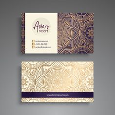 two business cards with gold and purple designs