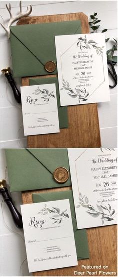 the wedding stationery is set on top of a cutting board with scissors and greenery