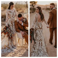 two pictures of a bride and groom in the desert, one is wearing a wedding dress