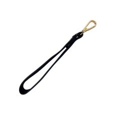 a black lanyard with a gold hook on the end and a white back ground