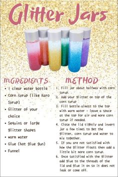 three different colored glitter jars with instructions for making them and how to use them in the bathroom