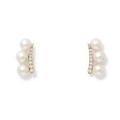 A truly stunning pair of cultured akoya pearl stud earrings.  These exquisite earrings combine lustrous small round akoya pearls with a striking cubic zirconia streak set in 14kt gold.   Akoya pearls are coveted for their beautiful lustre with creamy/pinky tones.  Timeless pearls with a modern twist.  The perfect special gift for the perfect special someone!       4-5mm round cultured akoya pearl stud earrings set in 14kt yellow gold with cubic zirconia with 14kt gold set cushioned rubber butterflies Pearls are quite soft and need special care after you wear them. Always store them in a separate jewellery pouch away from other jewellery and it is best to keep them in something soft.  From time to time, after you wear your pearls you should wipe them with a soft damp cloth to prevent dirt, Pearl White Akoya Pearl Chain Earrings, Pearl White Akoya Pearl Earrings With Pearl Chain, Elegant Ear Cuff With Matching Earrings For Formal Occasions, Elegant Ear Cuff With Matching Earrings For Formal Events, Elegant Round Ear Cuff, Elegant White Ear Cuff For Formal Occasions, Elegant Matching Earrings Ear Cuff For Formal Events, Pearl Embellished Earrings For Anniversary, Elegant White Gold Ear Cuff With Matching Earrings