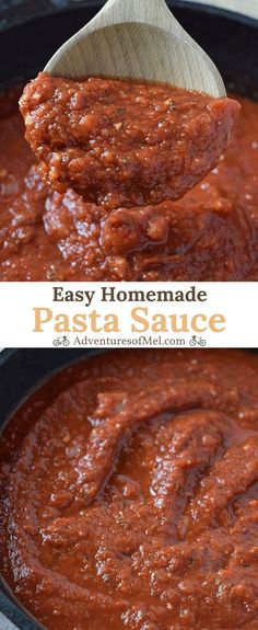 homemade pasta sauce in a skillet with a wooden spoon on the top and bottom