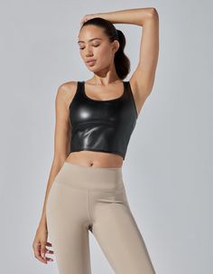 Leather Tank [Black] Chic Sports Bra With Built-in Bra For Workout, Chic Workout Sports Bra With Built-in Bra, Sleek Activewear With Built-in Bra For Gym, Sleek Gym Activewear With Built-in Bra, Padded Sports Bra For Yoga, Shell Bra, Leather Face, Effortless Style, Vegan Leather