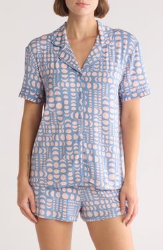 Kick back in soft, lightweight pajamas that pair a short-sleeve button-up shirt with matching drawstring-waist shorts. 24" top length; 2 1/2" inseam; 27" leg opening; 11" front rise; 14" back rise (size Medium) Top has front button closure; notched collar; short sleeves Bottoms have elastic/drawstring waist 95% rayon, 5% spandex Machine wash, dry flat Imported Summer Sleepwear For Sleepover, Short Length, Summer Sleepwear For Sleepovers, Short Style, Summer Sleepwear For Sleepovers, Summer Sleepover Sleepwear, Spring Short Sleeve Sleepwear, Short Sleeve Sleepwear For Spring, Summer Sleepwear For Pajama Party, Short Length, Summer Sleepwear For Pajama Party In Short Length, Summer Short Sleepwear For Pajama Party