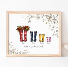 the four boots are painted with watercolors and have flowers in them, as well as text