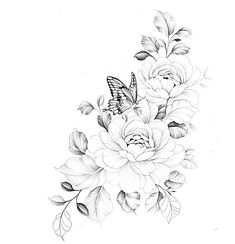 a black and white drawing of flowers with a butterfly