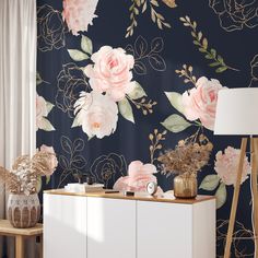 the wallpaper in this room is painted with pink flowers and gold foiling on it