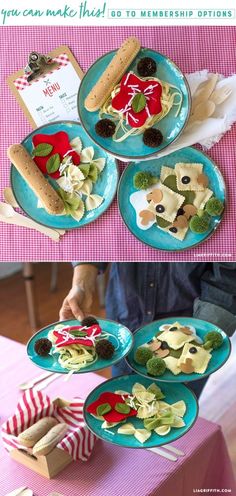 three plates with food on them sitting on top of a pink tablecloth covered table