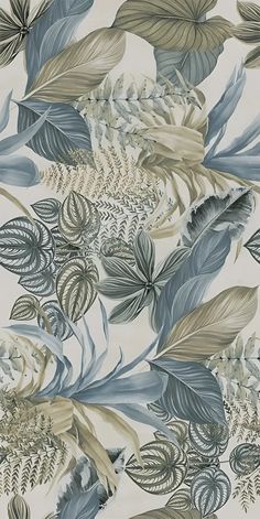 an artistic wallpaper with leaves and plants on the side, in shades of blue