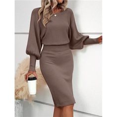 -Item Id 23263247 -Neckline: Round Neck -Sleeve Type: Batwing Sleeve -Style: Elegant -Waist Line: High Waist -Hem Shaped: Straight -Color: Mocha Brown -Pattern Type: Plain -Sleeve Length: Long Sleeve -Length: Knee Length -Fit Type: Regular Fit -Fabric: Slight Stretch -Material: Fabric -Composition: 100% Acrylic -Care Instructions: Hand Wash Or Professional Dry Clean -Temperature: Late Fall (10-17/50-63) -Sheer: No **Open To Offers!!!** **Bundle To Save More** **30% Off Bundles Of 2 Or More Items Stylish Work Dresses, Classy Casual Dresses For Women, Long Sleeve Bodycon Dress For Office In Fall, Office Bodycon Dress With Long Sleeves For Fall, Fall Knee-length Bodycon Dress For Brunch, Long Sleeve Bodycon Dress For Brunch In Fall, Sheath Midi Dress For Fall Brunch, Long Sleeve Solid Sweater Dress For Work, Long Sleeve Sweater Dress For Work