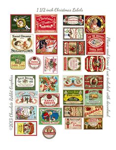 a collage of christmas labels with the words, 12x10 inchs printed on them