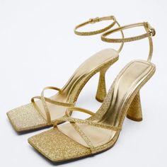 Zara Good Strappy Glitter Heeled Sandals New With Tag In 11 Size Sparkling Synthetic Heels For Summer, Summer Sparkling Synthetic Heels, Gold Sandals With Heel Strap For Party Season, Gold Ankle Strap Sandals For Party Season, Chic Sparkling Summer Heels, Chic Sparkling Heels For Summer, Chic Shimmer Heels For Spring, Summer Shimmer Synthetic Sandals, Chic Spring Heels With Shimmer