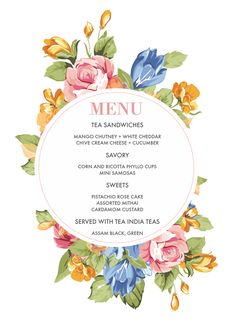 a menu card with flowers and leaves on the front, in white paper that says melbourne club