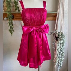 Nwt Maeve Anthropologie Hot Pink Satin Tie Bow Waist Fit And Flare Party Dress Pink Sleeveless Holiday Dress For Wedding, Spring Sleeveless Holiday Dress For Weddings, Sleeveless Holiday Dress For Spring Wedding, Satin Dress With Sweetheart Neckline And Tie Back, Elegant Sleeveless Pink Holiday Dress, Elegant Pink Sleeveless Holiday Dress, Spring Wedding Sleeveless Holiday Dress, Party Season Mini Dress With Ruched Bodice, Pink Mini Dress With Pleated Bodice For Formal Occasions